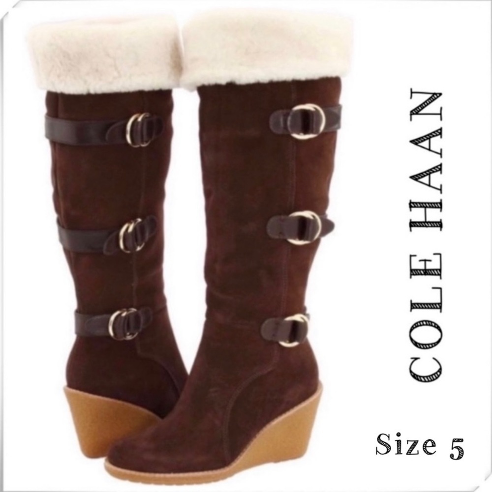 COLE Haan Michelle Belted Suede Fur Cuffs Knee High Wedge Boot Brown Size 5